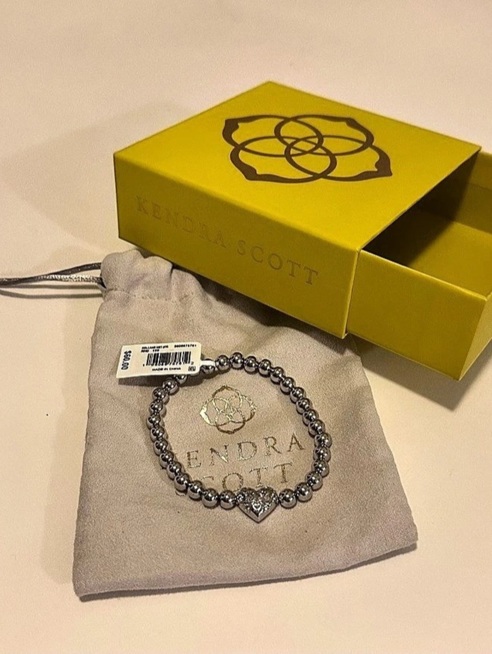 Kendra Scott Ari Pavé Heart Beaded Stretch Bracelet Silver
